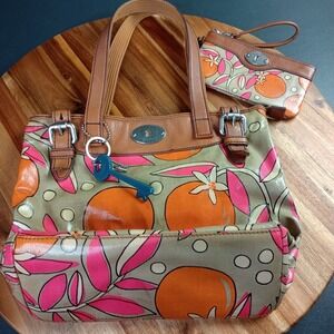 FOSSIL Key Per Coated Canvas Leather Shoulder Bag Wallet Shopper Tote Charm